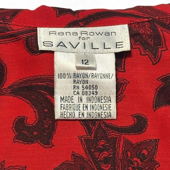 Vintage 90s Rena Rowan for Saville Blouse Size 12 Red Black Paisley Office Chic - Picture 4 of 9